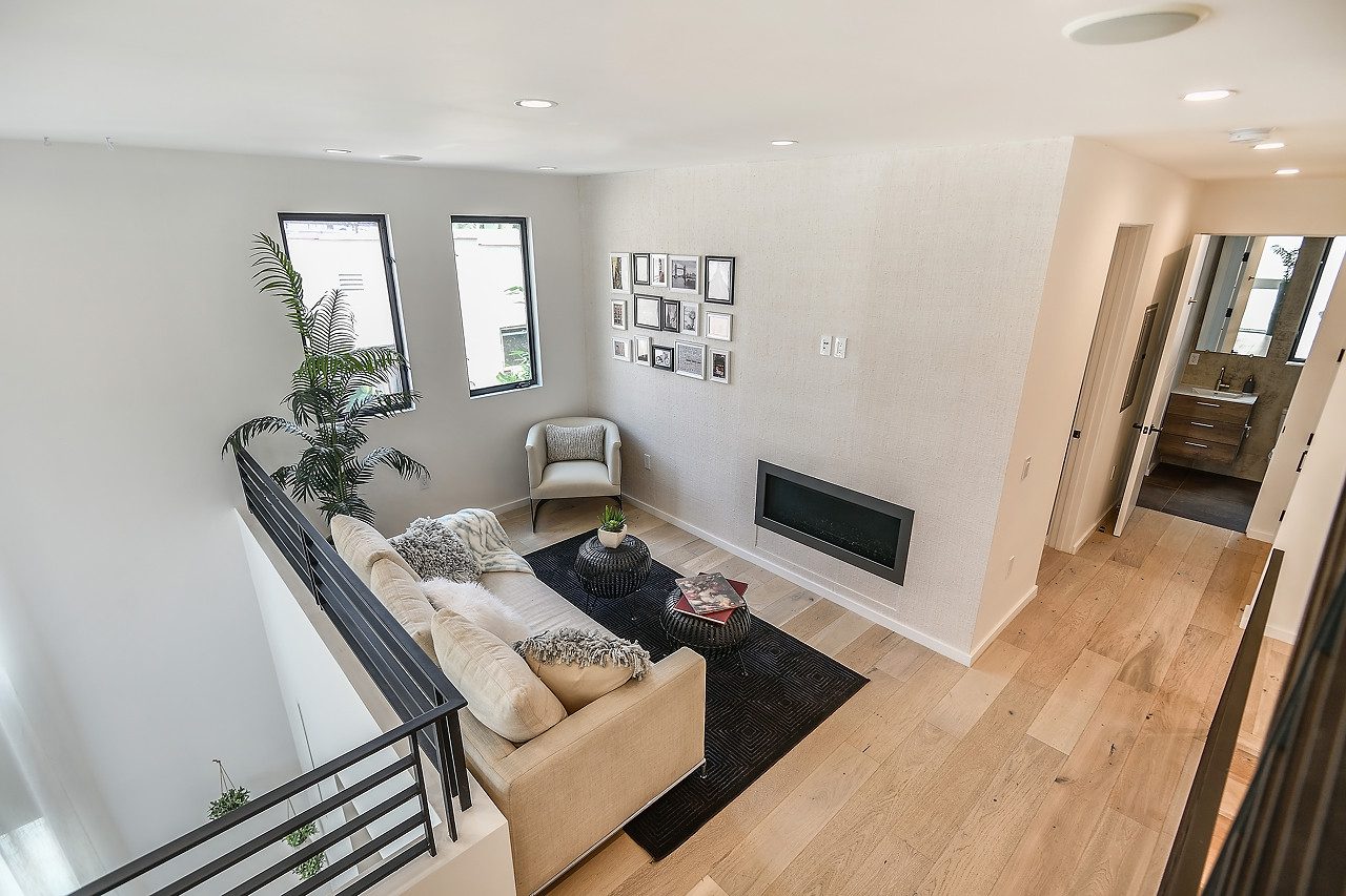 Upstairs lounge space and bathroom in West Hollywood