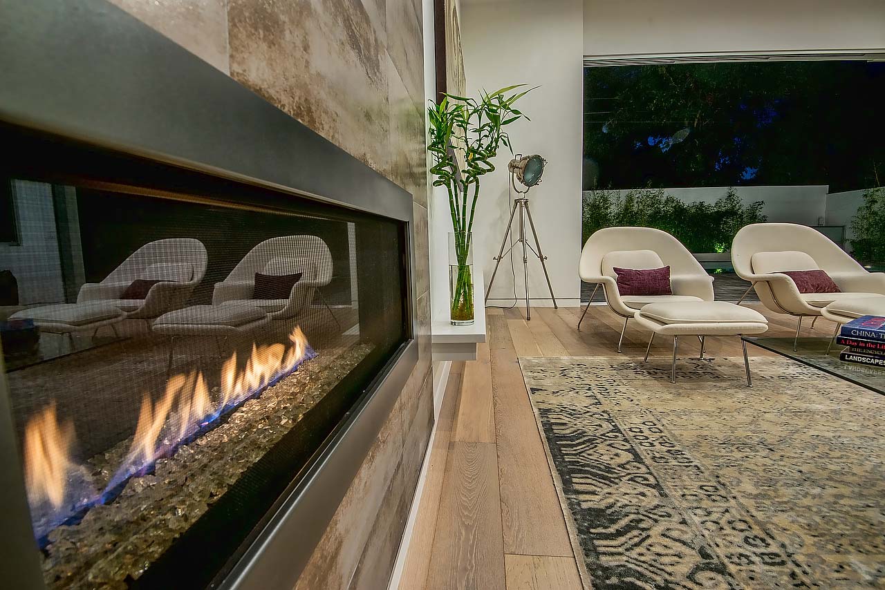 California living room with fireplace
