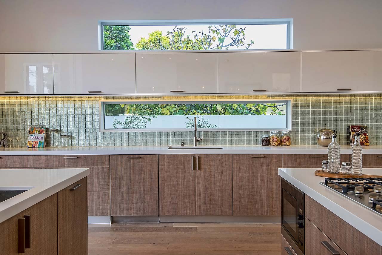 small green tile backsplash in modern California kitchen