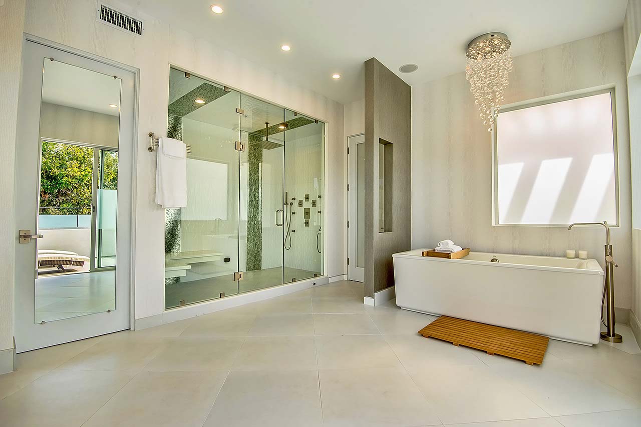 Spacious standing tub and shower with modern flare