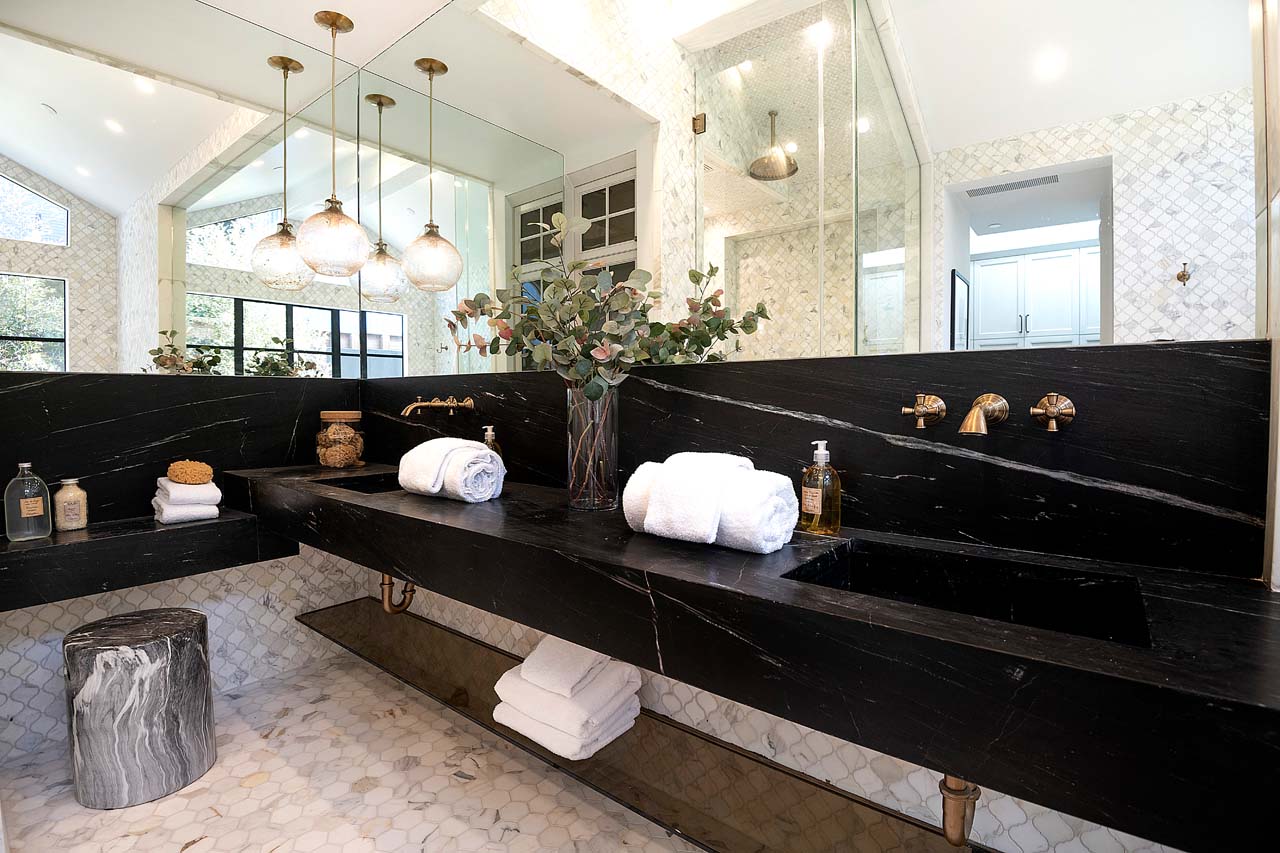dual sinks in stunning bathroom in modern California home